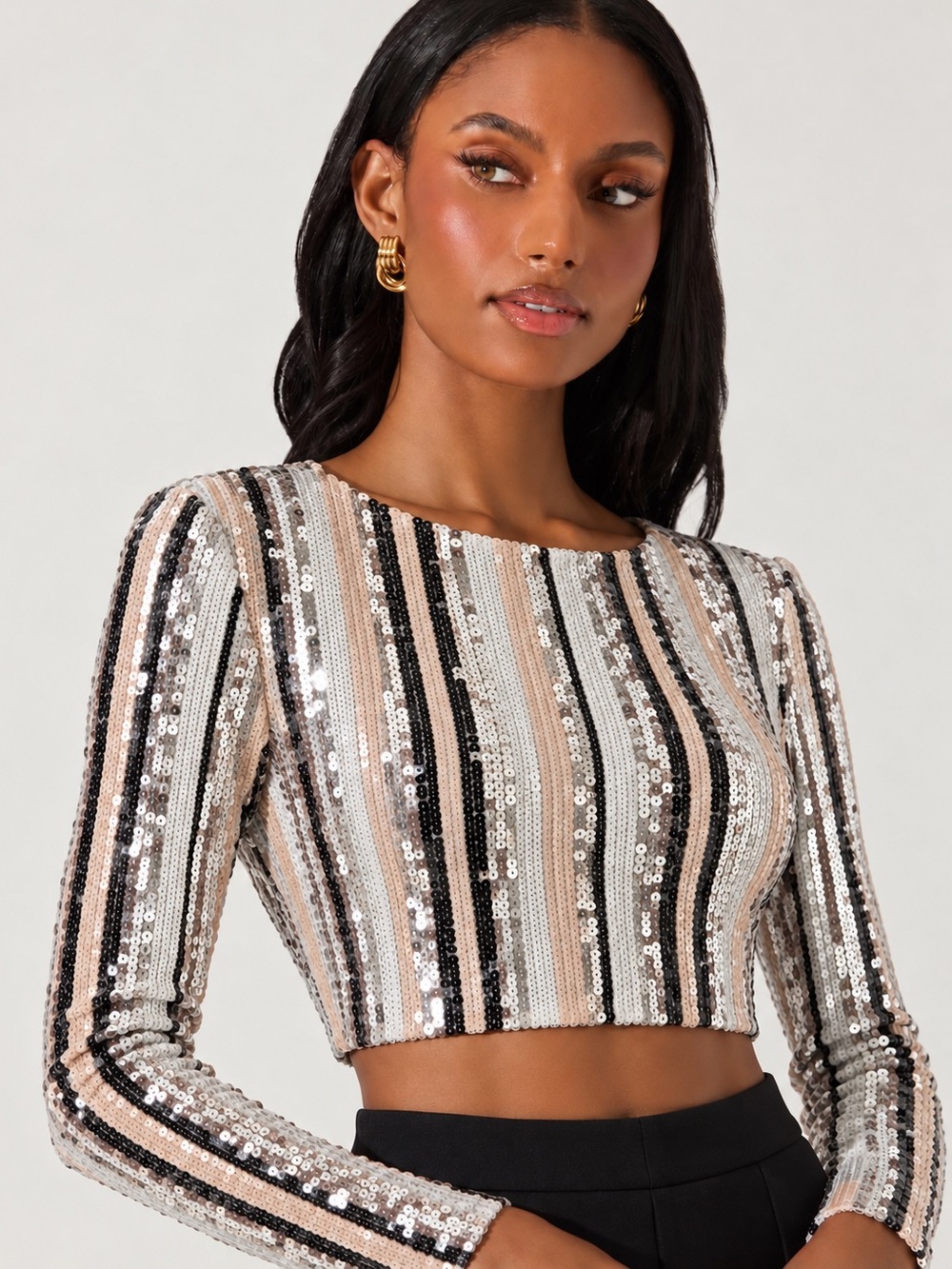 Boutique Sequin Striped Crop Top ReVamped Long Sleeve Size L Disco Party Y2K